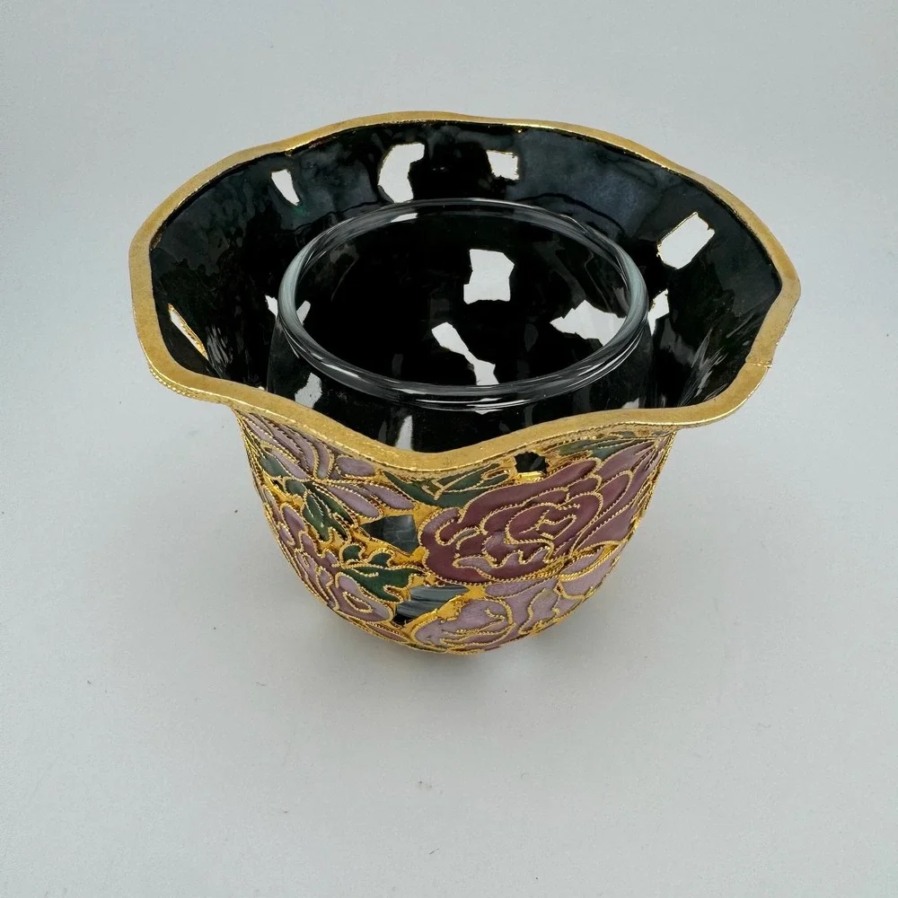 Cloisonne‎ Votive Candle Holder Small Gold Tone Floral Openwork